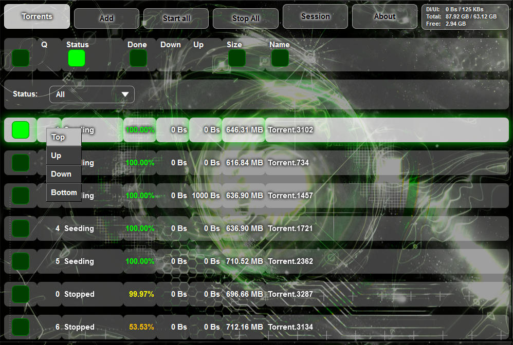 Main torrents view showing queue controls.